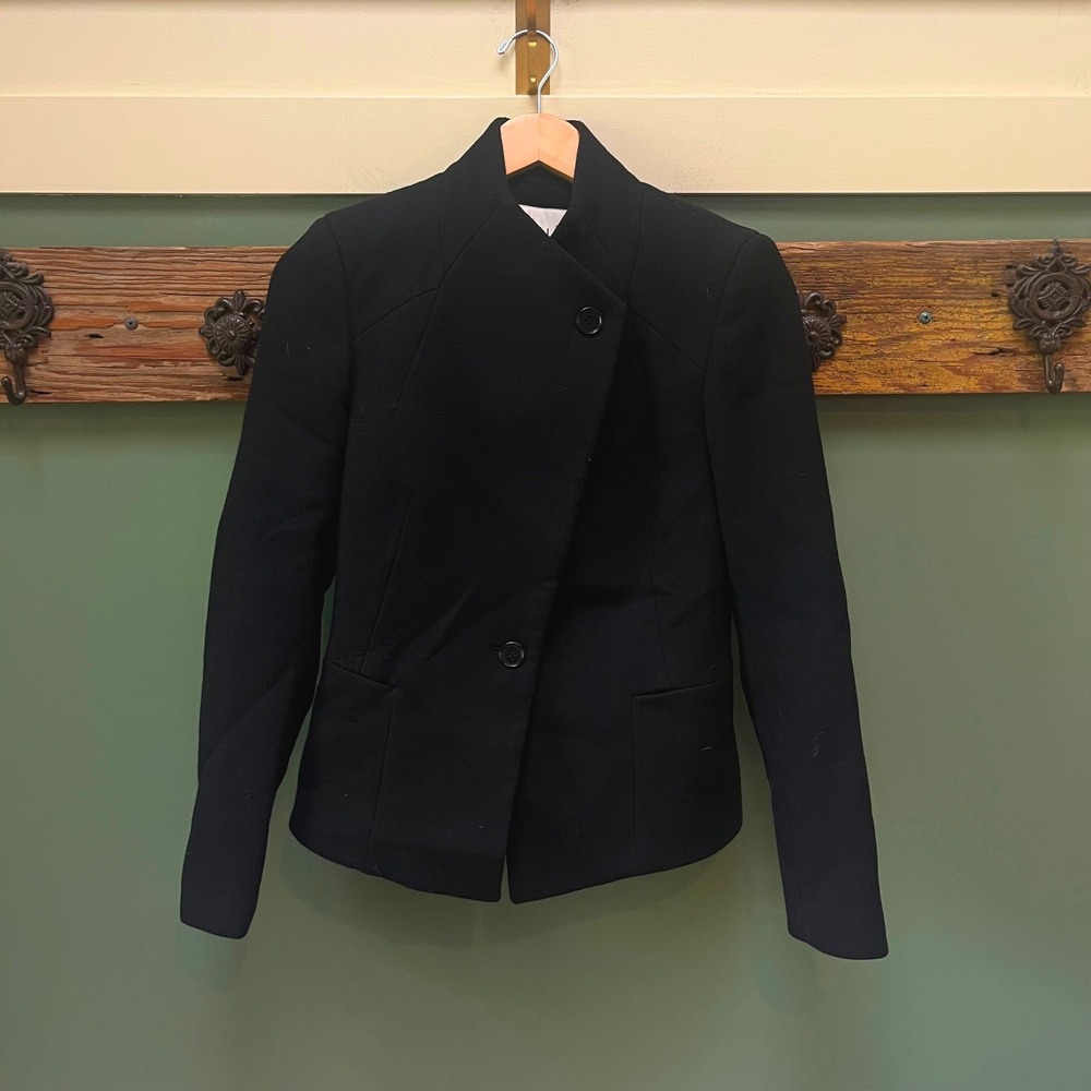 Reiss Pinot Black Wool Blend Asymmetrical Funnel Neck Blazer Jacket Small